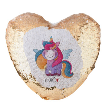 Pink unicorn, Μαξιλάρι καναπέ καρδιά Μαγικό Χρυσό με πούλιες 40x40cm περιέχεται το  γέμισμα