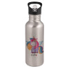 Water bottle Silver with straw, stainless steel 600ml