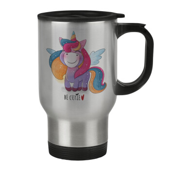 Pink unicorn, Stainless steel travel mug with lid, double wall 450ml