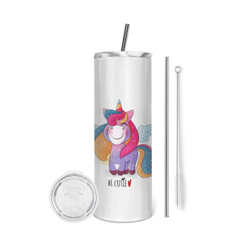 Pink unicorn, Eco friendly stainless steel tumbler 600ml, with metal straw & cleaning brush