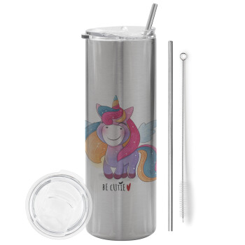 Pink unicorn, Eco friendly stainless steel Silver tumbler 600ml, with metal straw & cleaning brush