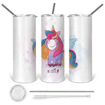 Pink unicorn, 360 Eco friendly stainless steel tumbler 600ml, with metal straw & cleaning brush