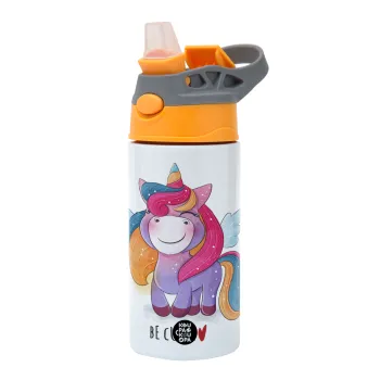 Pink unicorn, Children's hot water bottle, stainless steel, with safety straw, Orange/Grey (360ml) BPA-FREE