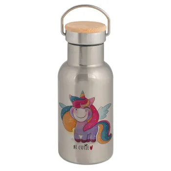 Pink unicorn, Stainless steel metallic thermos flask, silver with a bamboo lid, double-walled, 350ml.