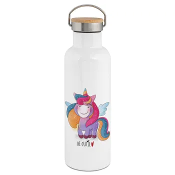 Pink unicorn, Stainless steel White with wooden lid (bamboo), double wall, 750ml