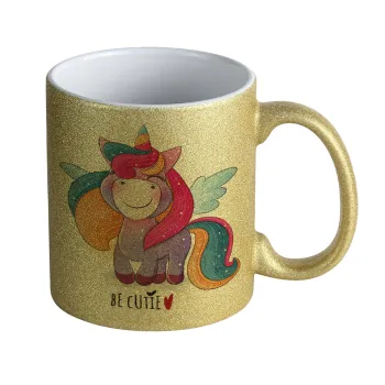 Pink unicorn, Κούπα Χρυσή Glitter που γυαλίζει, κεραμική, 330ml