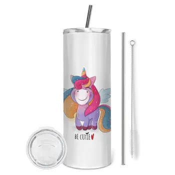 Pink unicorn, Tumbler stainless steel 600ml, with metal straw & cleaning brush
