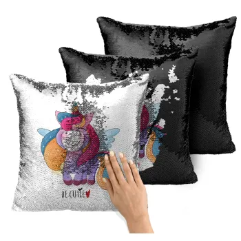 Μονόκερος, Μαξιλάρι καναπέ Μαγικό Μαύρο με πούλιες 40x40cm περιέχεται το γέμισμα