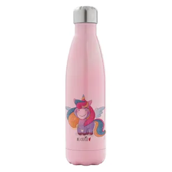 Pink unicorn, Metal mug thermos Pink Iridiscent (Stainless steel), double wall, 500ml