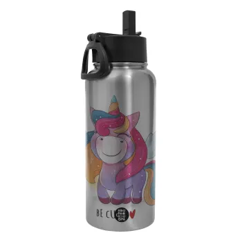 Pink unicorn, Metal mug thermo Silver with Straw and Spout Lid (Stainless steel), double wall, 950ml