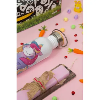 Μονόκερος, Πασχαλινή Λαμπάδα με παγούρι μεταλλικό (620ml, stainless steel) & κερί αρωματικό πλακέ (30cm) (ΡΟΖ)