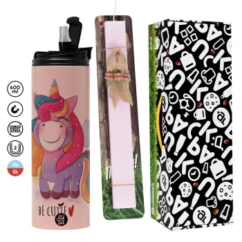 Μονόκερος, Πασχαλινή Λαμπάδα με  ΡΟΖ Travel Tumbler θερμό (600ml, BPA free) & κερί αρωματικό πλακέ (30cm) (ΡΟΖ)