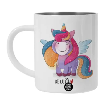 Μονόκερος, Λευκή Ανοξείδωτη Μεταλλική Κούπα 450ml - Διπλού Τοιχώματος 