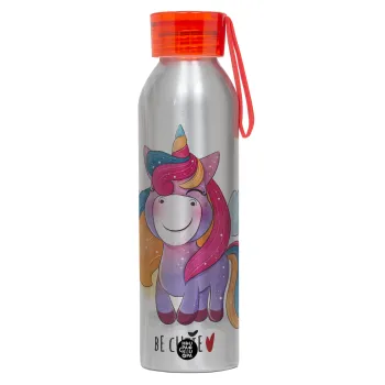 Μονόκερος, Αλουμινένιο Αθλητικό Μπουκάλι 650ml – Ασημί με Κόκκινο Καπάκι και Λουράκι Σιλικόνης