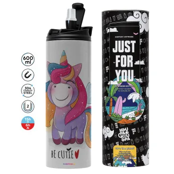 Pink unicorn, Tumbler stainless steel GREY 600ml