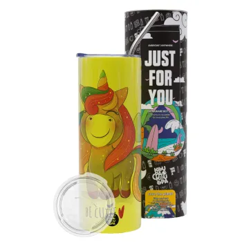 Μονόκερος, Neon Yellow Travel Tumbler θερμό, μεταλλικό καλαμάκι(Ανωξείδωτο 304 Food grade, BPA free, 600ml)