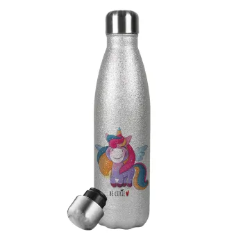 Μονόκερος, Μεταλλικό παγούρι θερμός Glitter Aσημένιο (Stainless steel), διπλού τοιχώματος, 500ml