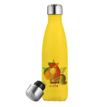 Pink unicorn, Yellow Stainless Steel Metallic Thermos, double-walled, 500ml