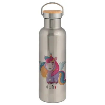 Pink unicorn, Stainless steel Silver with wooden lid (bamboo), double wall, 750ml