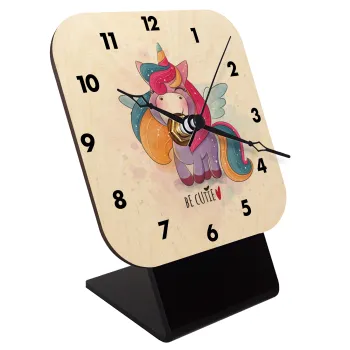 Pink unicorn, Quartz Table clock in natural wood (10cm)