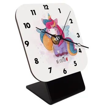Pink unicorn, Quartz Wooden table clock with hands (10cm)