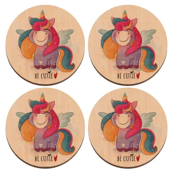Pink unicorn, ΣΕΤ x4 Σουβέρ ξύλινα στρογγυλά plywood (9cm)