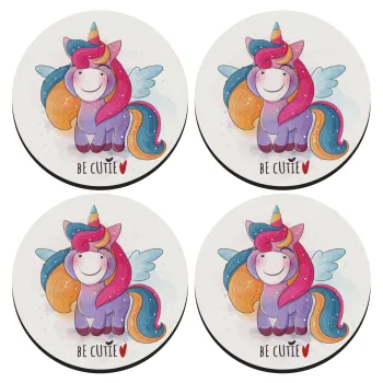 Pink unicorn, SET of 4 round wooden coasters (9cm)