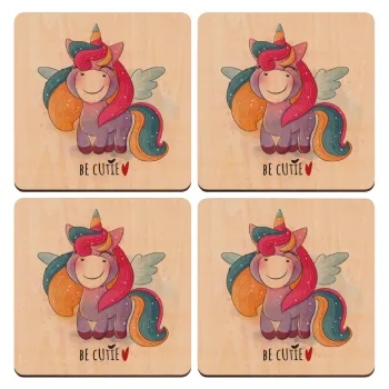 Pink unicorn, ΣΕΤ x4 Σουβέρ ξύλινα τετράγωνα plywood (9cm)