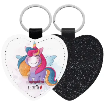Pink unicorn, Μπρελόκ PU δερμάτινο glitter καρδιά ΜΑΥΡΟ