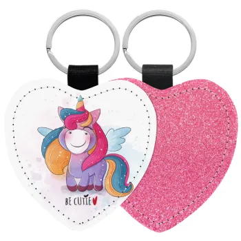 Μονόκερος, Μπρελόκ PU δερμάτινο glitter καρδιά ΡΟΖ