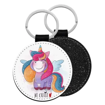 Pink unicorn, Μπρελόκ Δερματίνη, στρογγυλό ΜΑΥΡΟ (5cm)