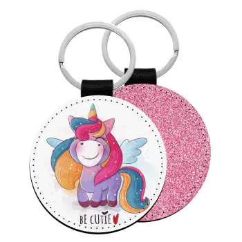 Pink unicorn, Μπρελόκ Δερματίνη, στρογγυλό ΡΟΖ (5cm)