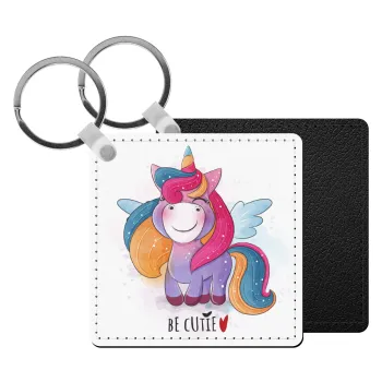 Pink unicorn, Μπρελόκ Δερματίνη, τετράγωνο ΜΑΥΡΟ (5x5cm)