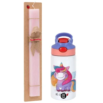 Pink unicorn, Easter Set, Children's thermal stainless steel water bottle with safety straw, pink/purple (350ml) & Easter scented flat candle (30cm) (PINK)