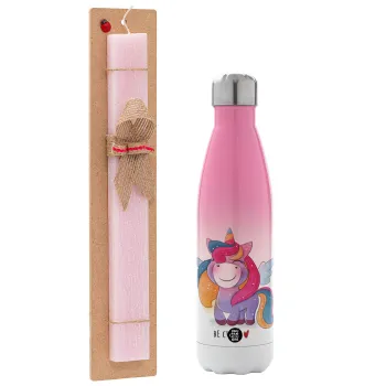 Pink unicorn, Easter Set, Metallic pink/white (Stainless steel) thermos, double-walled, 500ml & aromatic flat Easter candle (30cm) (PINK)