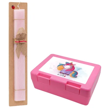 Pink unicorn, Easter Set, children's snack container PINK & scented flat Easter candle (30cm) (PINK)