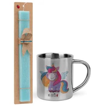 Pink unicorn, Easter Set, metallic thermal cup (300ml) & aromatic flat Easter candle (30cm) (TURQUOISE)