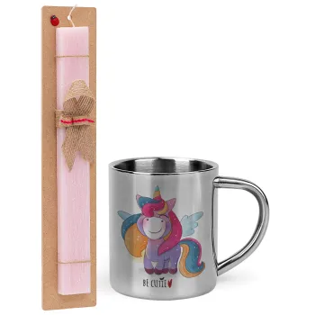 Pink unicorn, Easter Set, metallic thermal cup (300ml) & aromatic flat Easter candle (30cm) (PINK)