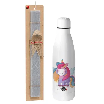 Pink unicorn, Easter Set, metallic stainless thermos bottle (500ml) & scented flat Easter candle (30cm) (GRAY)