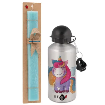 Pink unicorn, Easter Set, metallic silver aluminum water bottle (500ml) & scented flat Easter candle (30cm) (TURQUOISE)