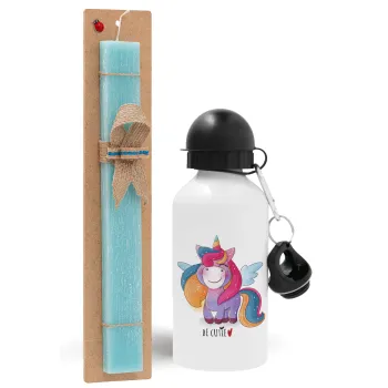 Pink unicorn, Easter Set, metallic aluminum water bottle (500ml) & scented flat candle (30cm) (TURQUOISE)