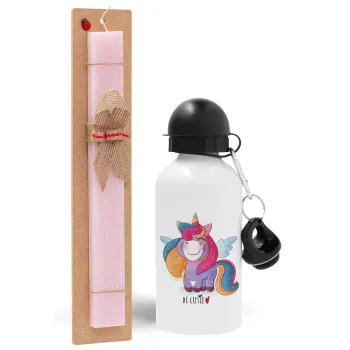 Pink unicorn, Easter Set, metallic aluminum bottle (500ml) & aromatic flat Easter candle (30cm) (PINK)