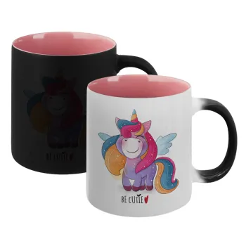 Pink unicorn, Κούπα Μαγική εσωτερικό ΡΟΖ, κεραμική 330ml που αλλάζει χρώμα με το ζεστό ρόφημα