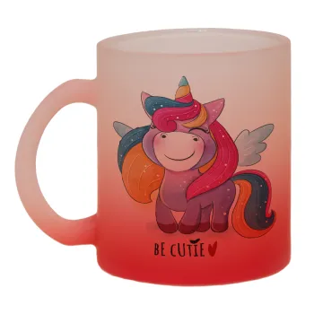 Pink unicorn, Κούπα γυάλινη δίχρωμη με βάση το κόκκινο ματ, 330ml