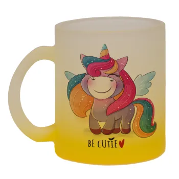 Pink unicorn, Κούπα γυάλινη δίχρωμη με βάση το κίτρινο ματ, 330ml