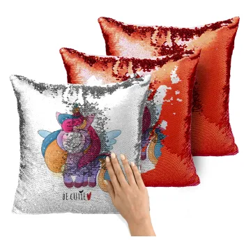 Pink unicorn, Μαξιλάρι καναπέ Μαγικό Κόκκινο με πούλιες 40x40cm περιέχεται το γέμισμα