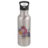 Water bottle Silver with straw, stainless steel 600ml