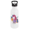 White water bottle with straw, stainless steel 600ml