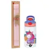 Easter Set, Children's thermal stainless steel water bottle with safety straw, pink/purple (350ml) & Easter scented flat candle (30cm) (PINK)