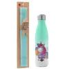 Easter Set, Metallic green/white thermos (Stainless steel), double-walled, 500ml & scented flat Easter candle (30cm) (TURQUOISE)
